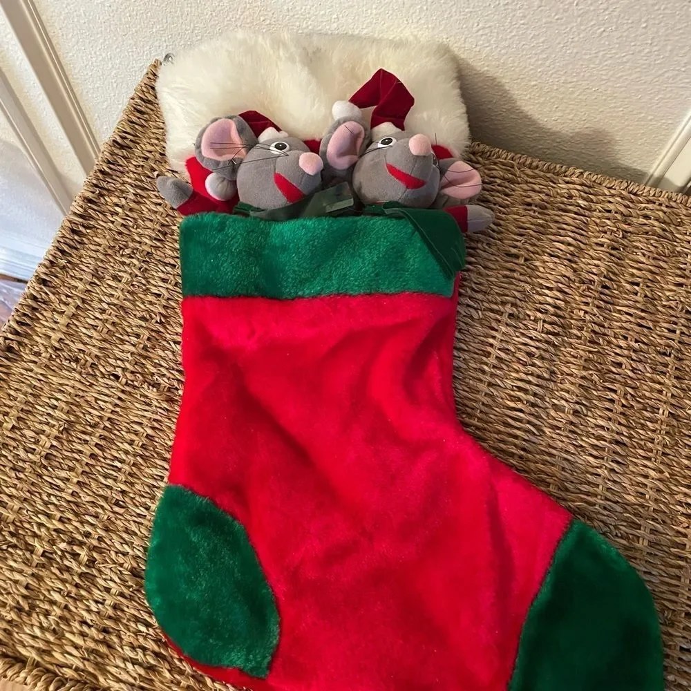 Vintage Velvet Stocking with 2 Gray Mice